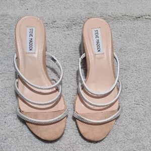 Steve Madden Women's Cream and White Strappy Block Rhinestone Block Heels